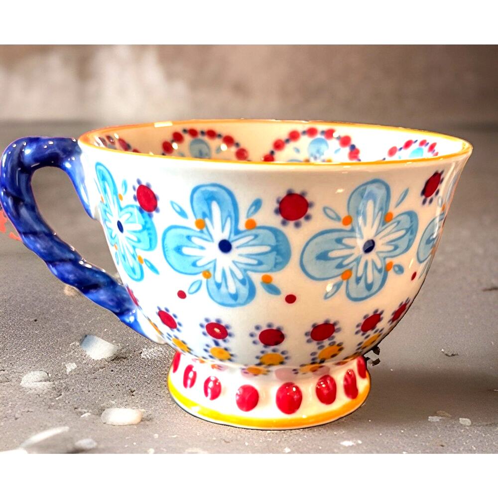 Breakfast Coffee Mug Cup Anthropologie Blue Flowers Red Dots Large